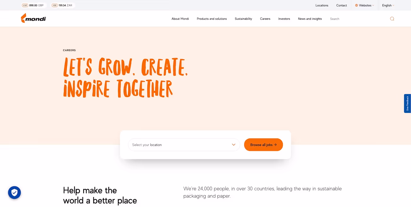 Screenshot of the official career page of Mondi