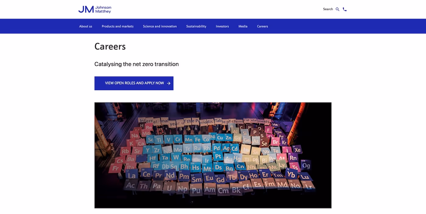Screenshot of the official career page of Johnson Matthey