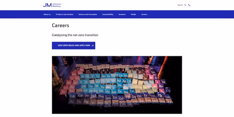 Screenshot of the official career page of Johnson Matthey