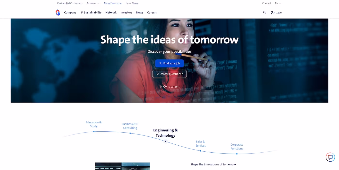 Screenshot of the official career page of Swisscom