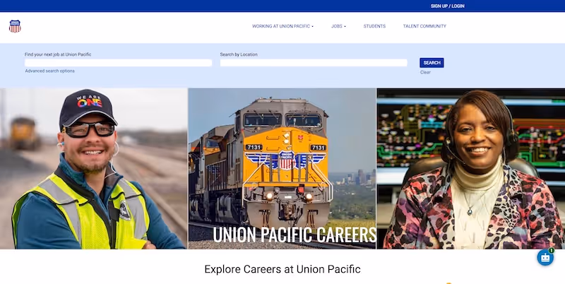 Screenshot of the official career page of Union Pacific