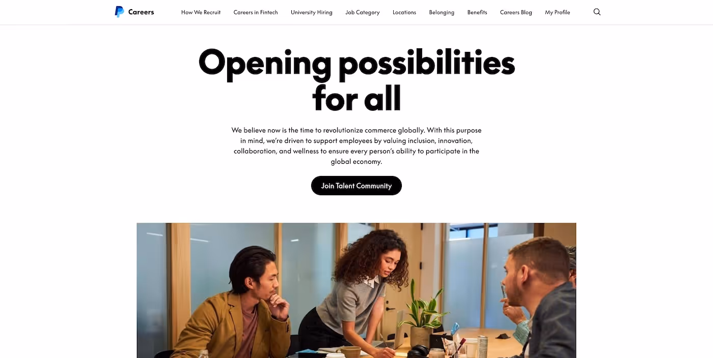 Screenshot of the official career page of PayPal