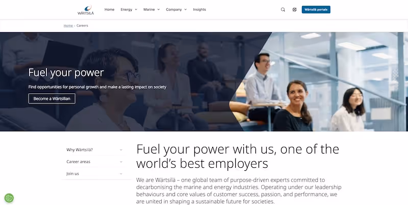 Screenshot of the official career page of Wärtsilä