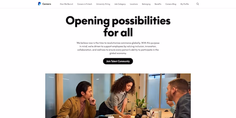 Screenshot of the official career page of PayPal