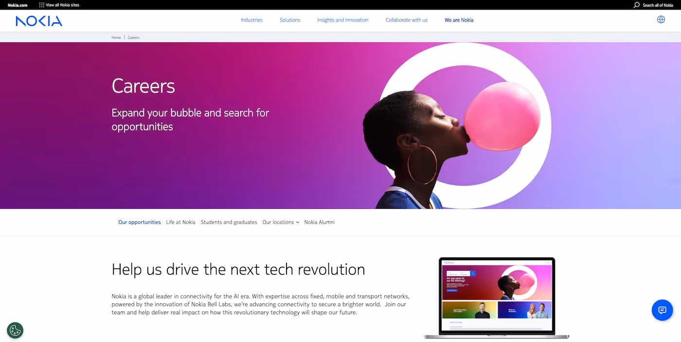 Screenshot of the official career page of Nokia