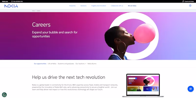 Screenshot of the official career page of Nokia