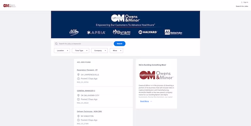 Screenshot of the official career page of Owens & Minor