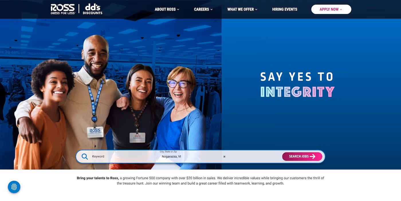 Screenshot of the official career page of Ross Stores