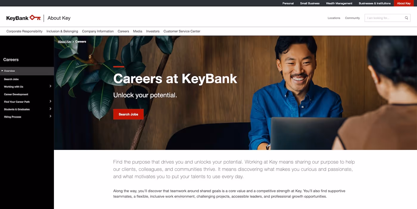 Screenshot of the official career page of KeyCorp