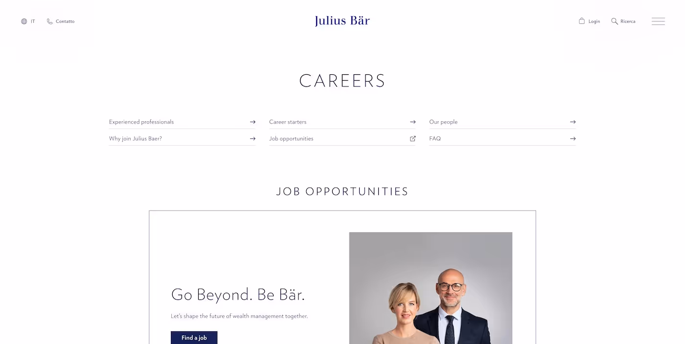 Screenshot of the official career page of Julius Baer Group