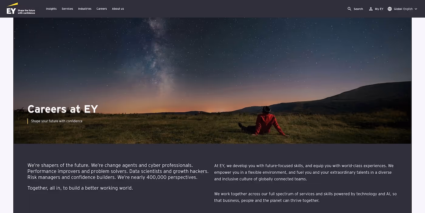 Screenshot of the official career page of EY