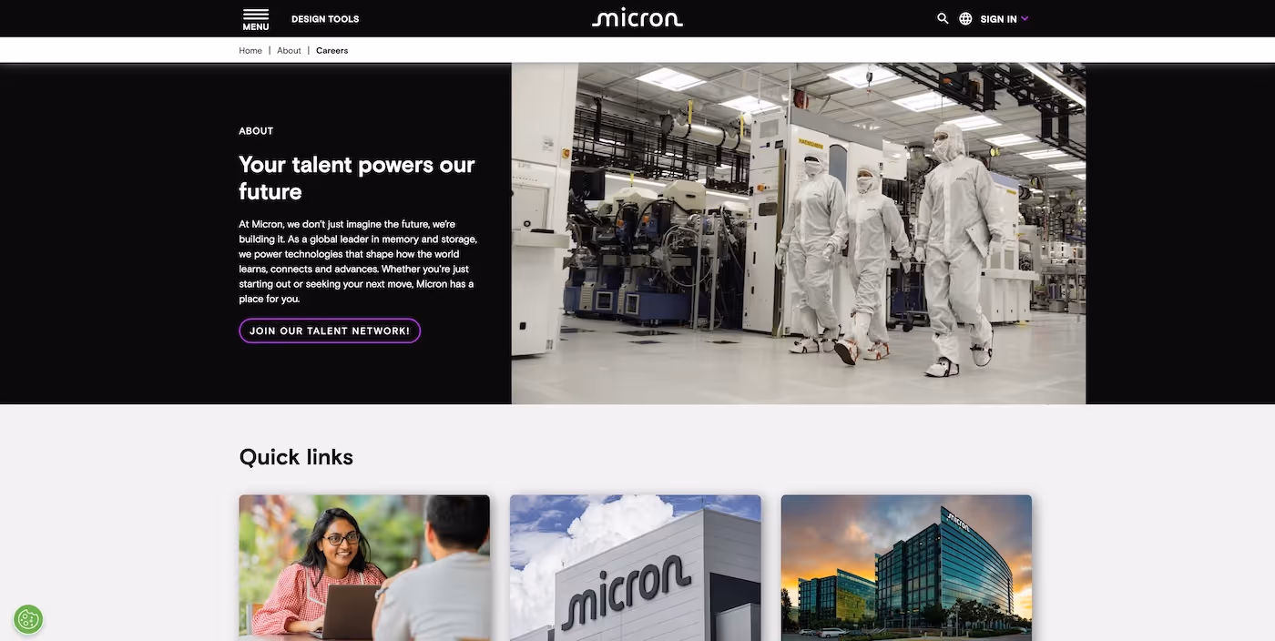 Screenshot of the official career page of Micron Technology
