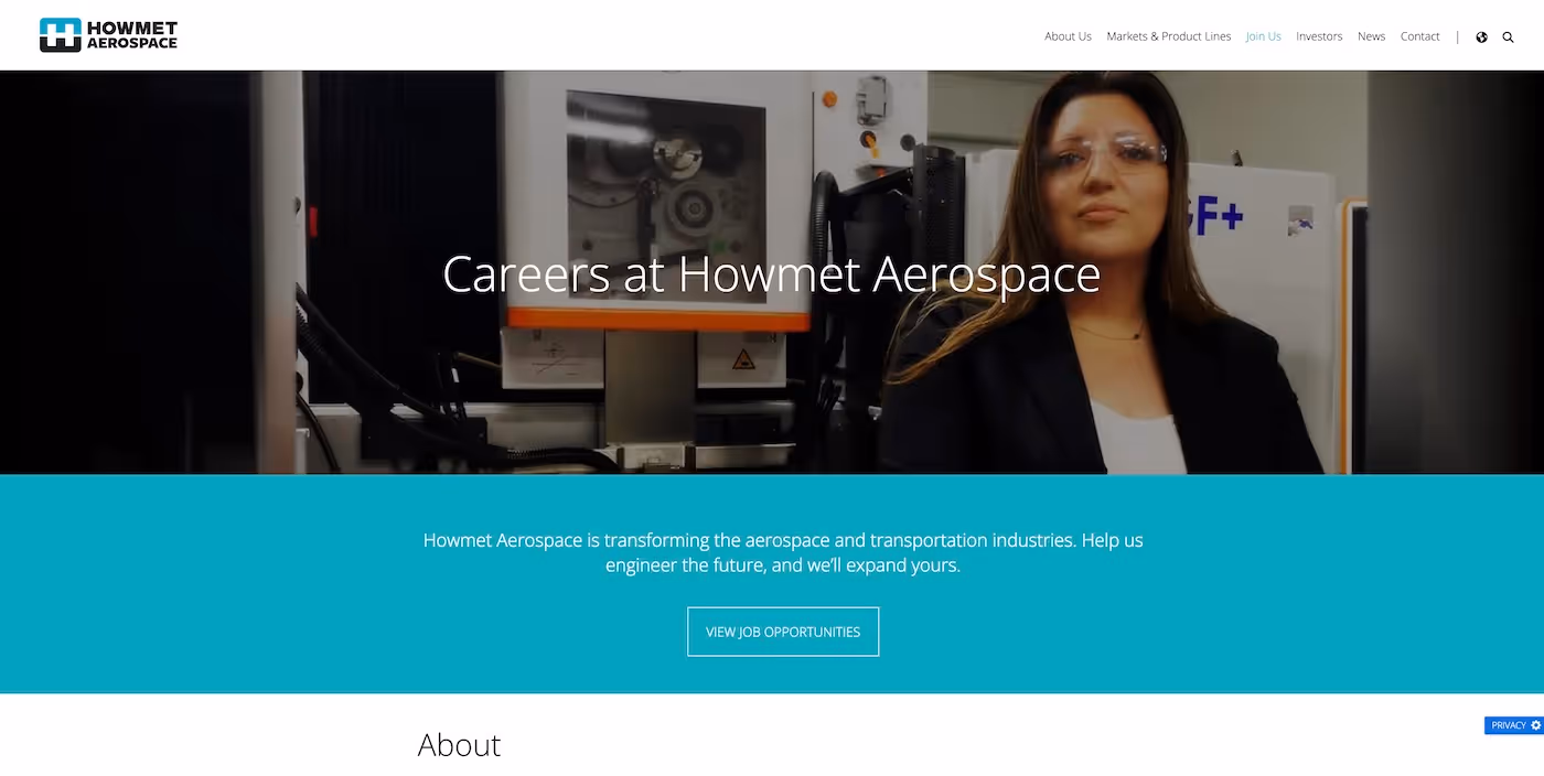 Screenshot of the official career page of Howmet Aerospace