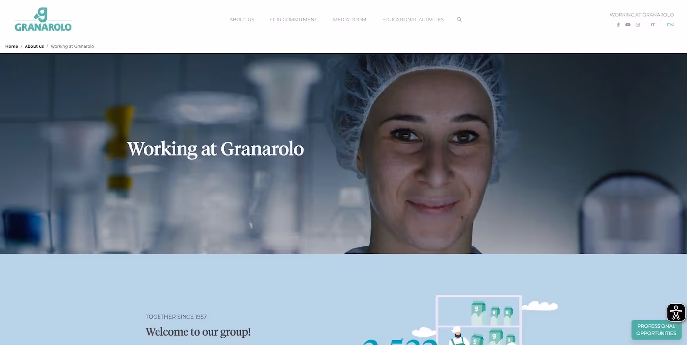 Screenshot of the official career page of Granarolo