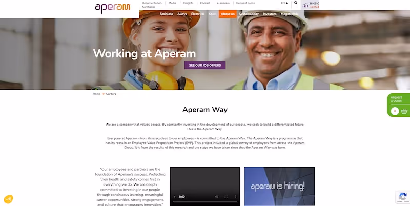 Screenshot of the official career page of Aperam