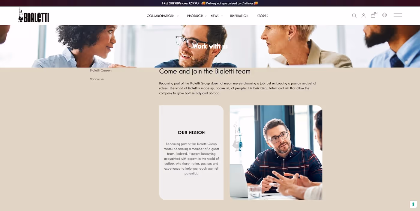 Screenshot of the official career page of Bialetti