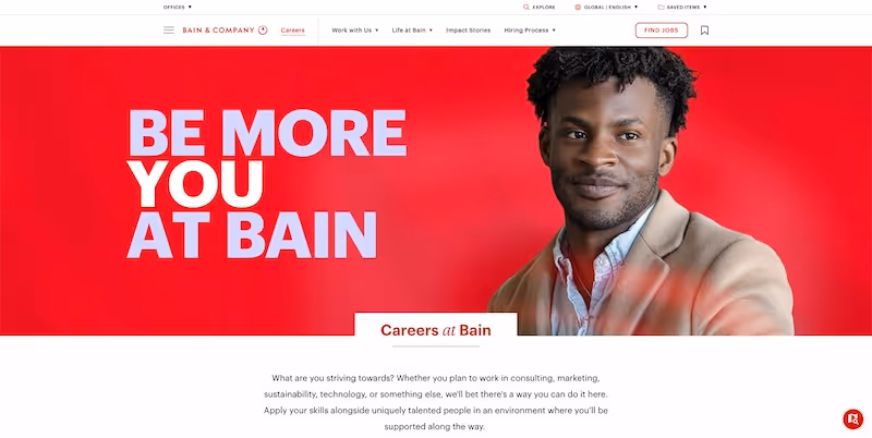 Screenshot of the official career page of Bain & Company