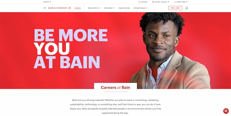 Screenshot of the official career page of Bain & Company