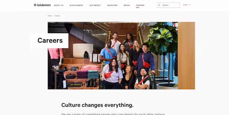 Screenshot of the official career page of Lululemon athletica