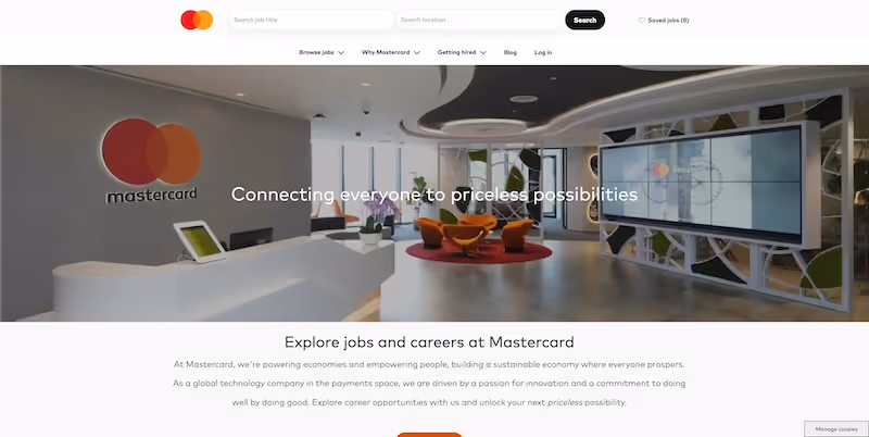 Screenshot of the official career page of Mastercard