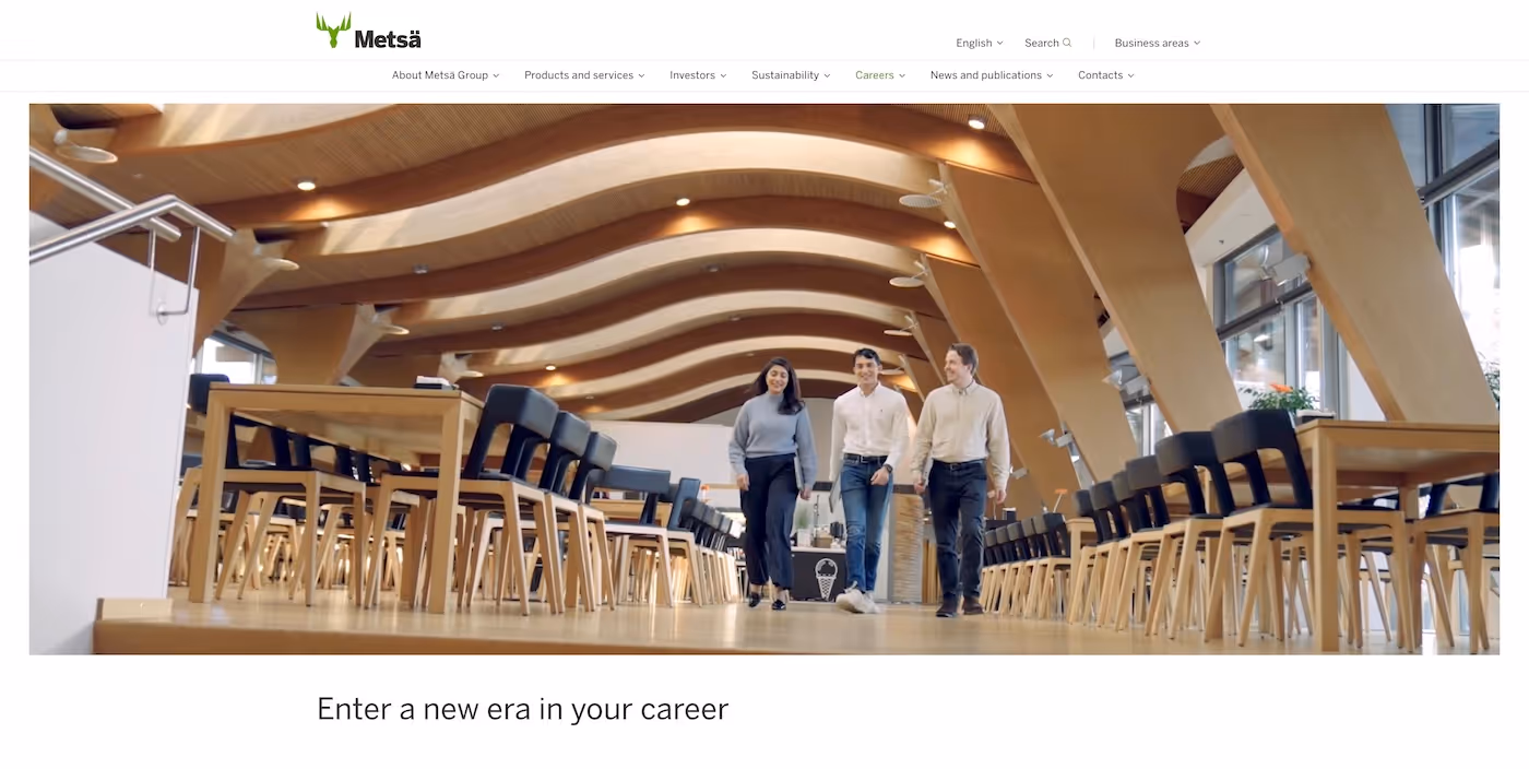 Screenshot of the official career page of Metsä Group