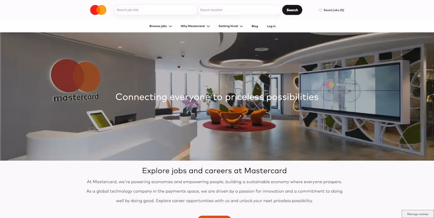 Screenshot of the official career page of Mastercard