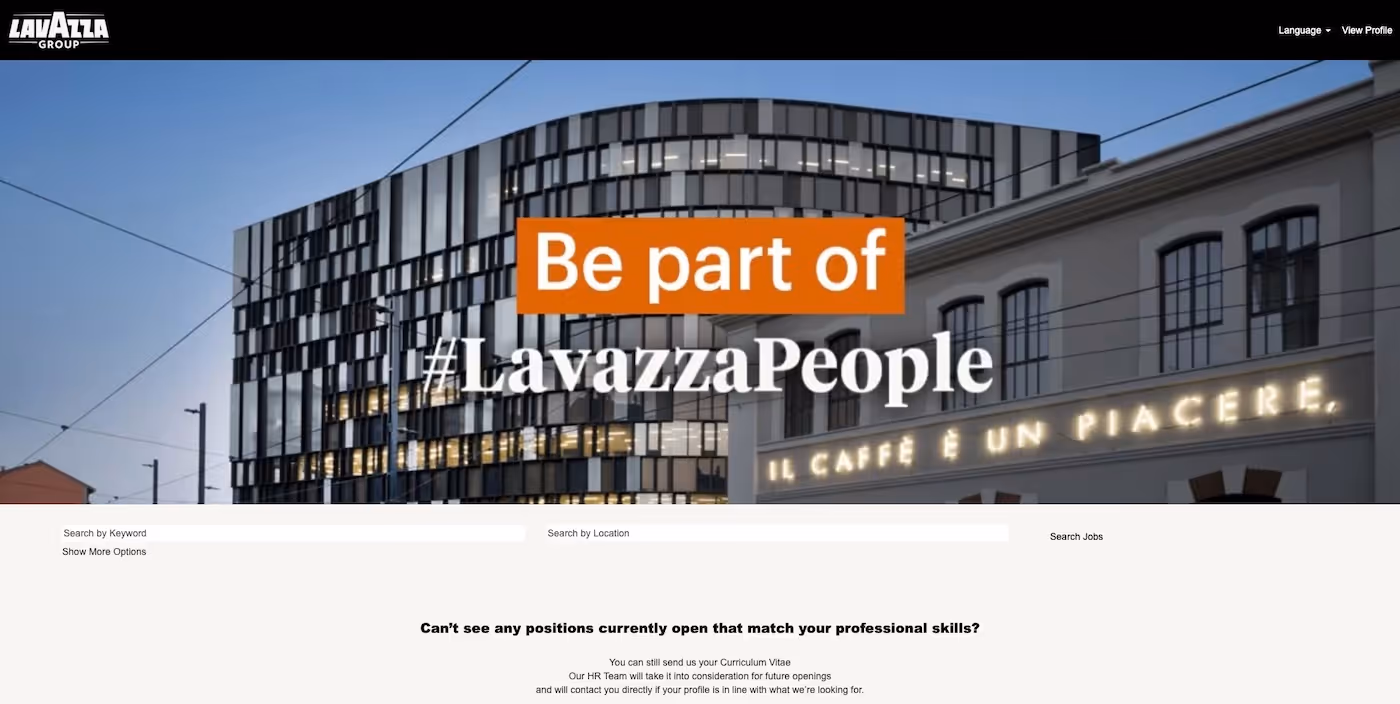 Screenshot of the official career page of Lavazza