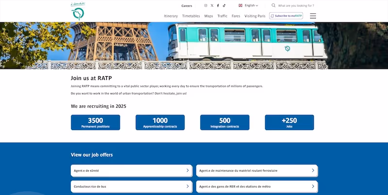 Screenshot of the official career page of RATP Group