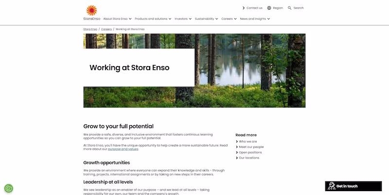 Screenshot of the official career page of Stora Enso