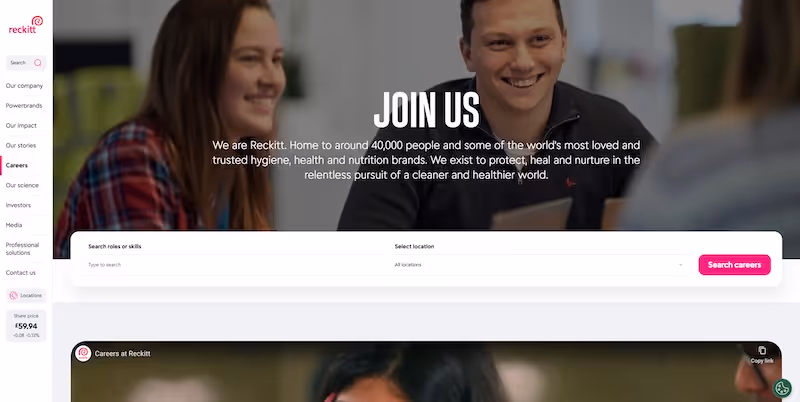 Screenshot of the official career page of Reckitt