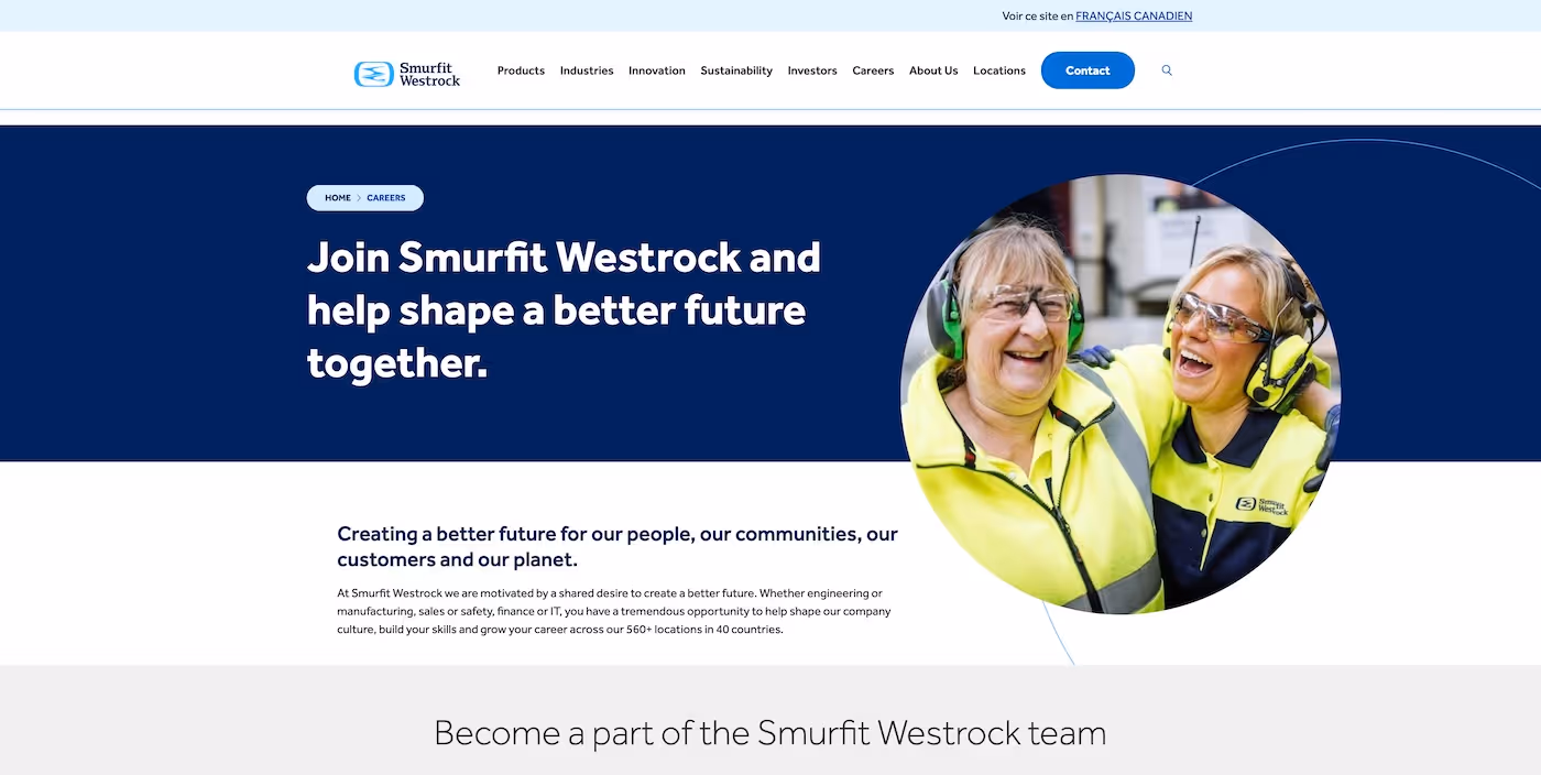 Screenshot of the official career page of Smurfit Westrock