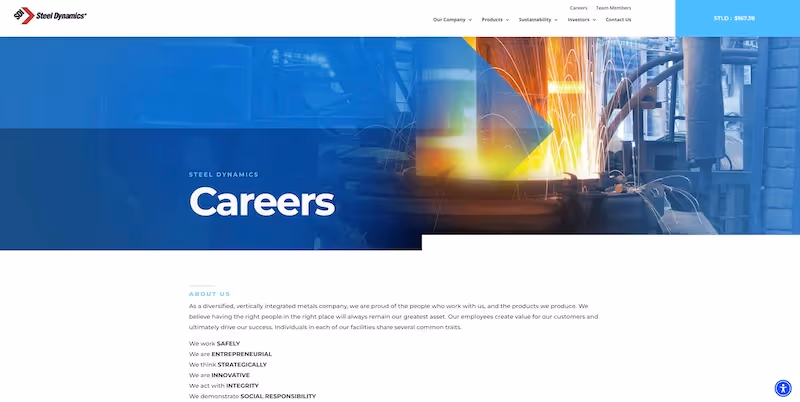 Screenshot of the official career page of Steel Dynamics