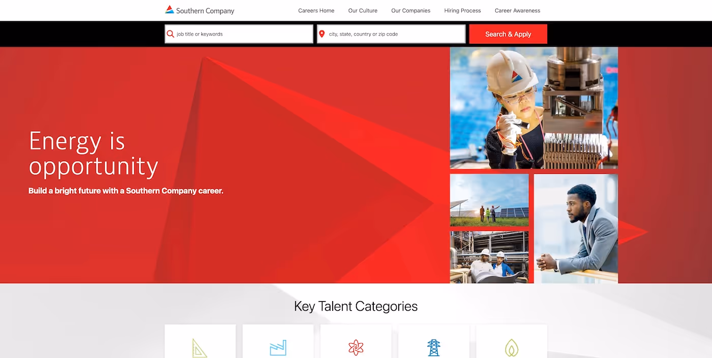 Screenshot of the official career page of Southern Company