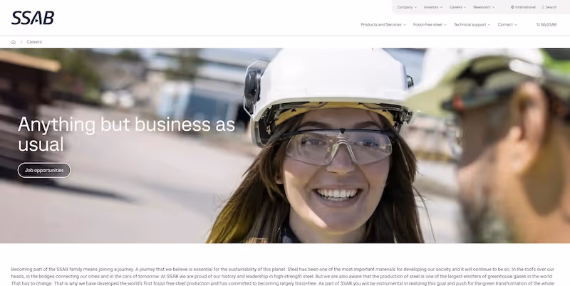 Screenshot of the official career page of SSAB
