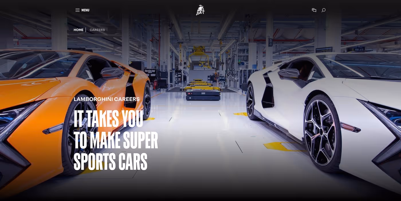 Screenshot of the official career page of Automobili Lamborghini