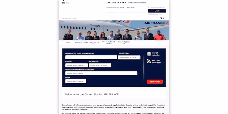 Screenshot of the official career page of Air France-KLM