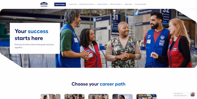 Screenshot of the official career page of Lowe's