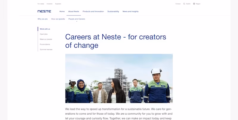 Screenshot of the official career page of Neste