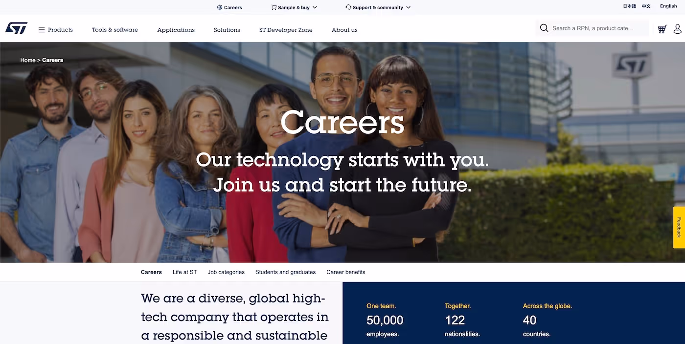 Screenshot of the official career page of STMicroelectronics