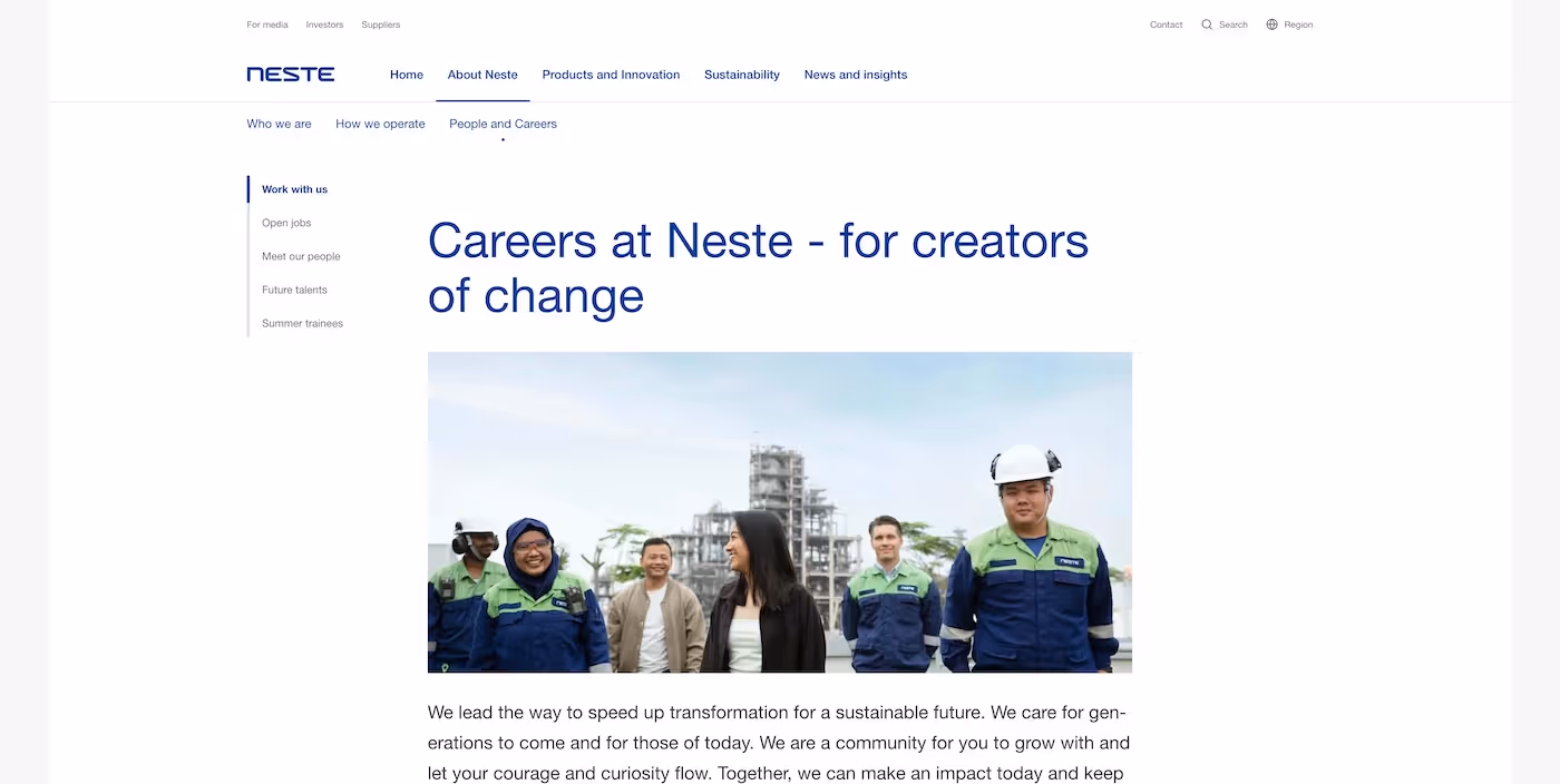 Screenshot of the official career page of Neste