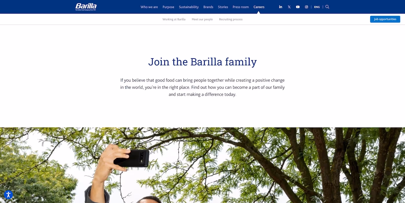 Screenshot of the official career page of Barilla Group
