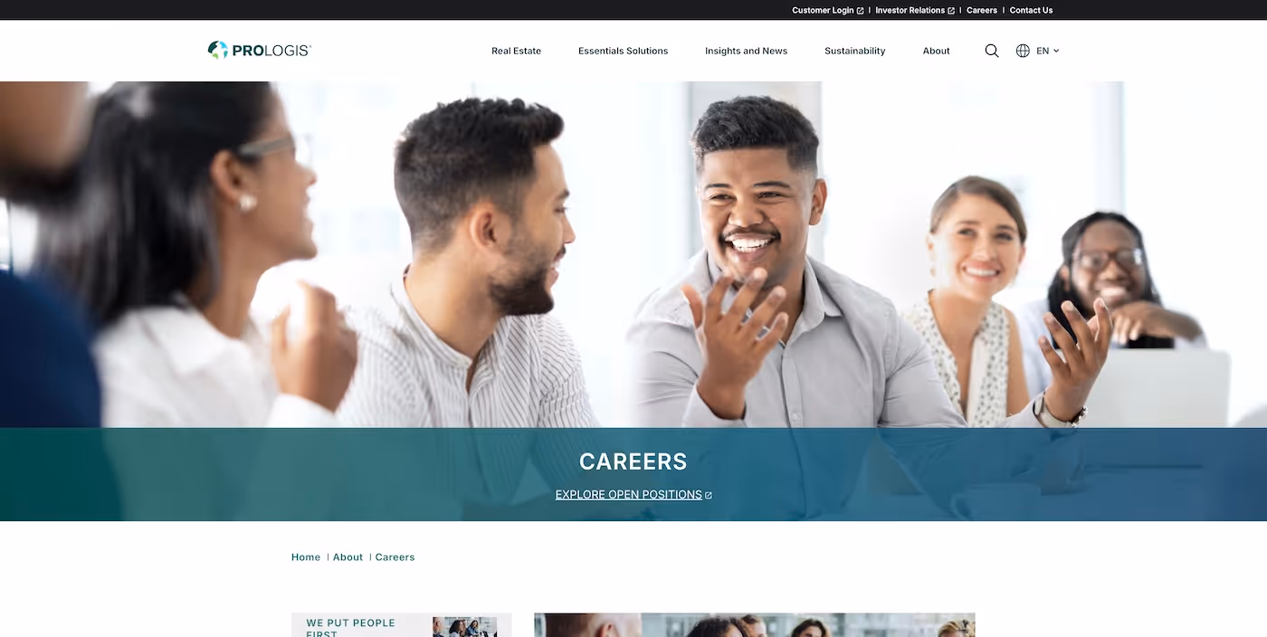 Screenshot of the official career page of Prologis