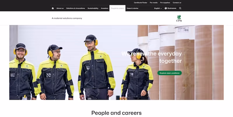 Screenshot of the official career page of UPM