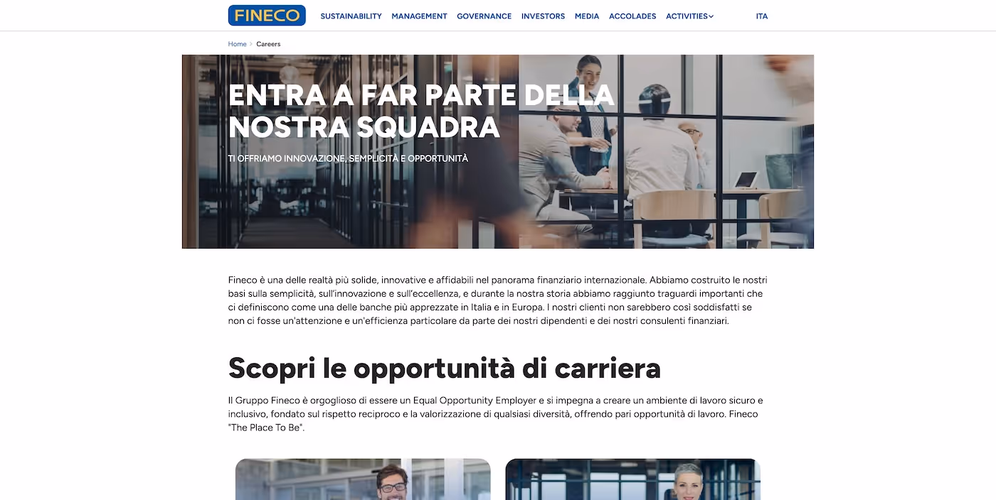 Screenshot of the official career page of FinecoBank