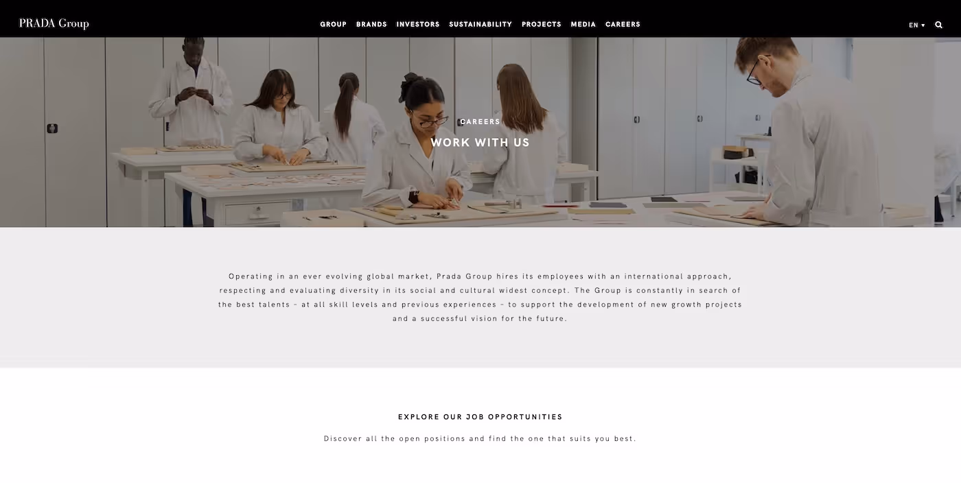 Screenshot of the official career page of Prada