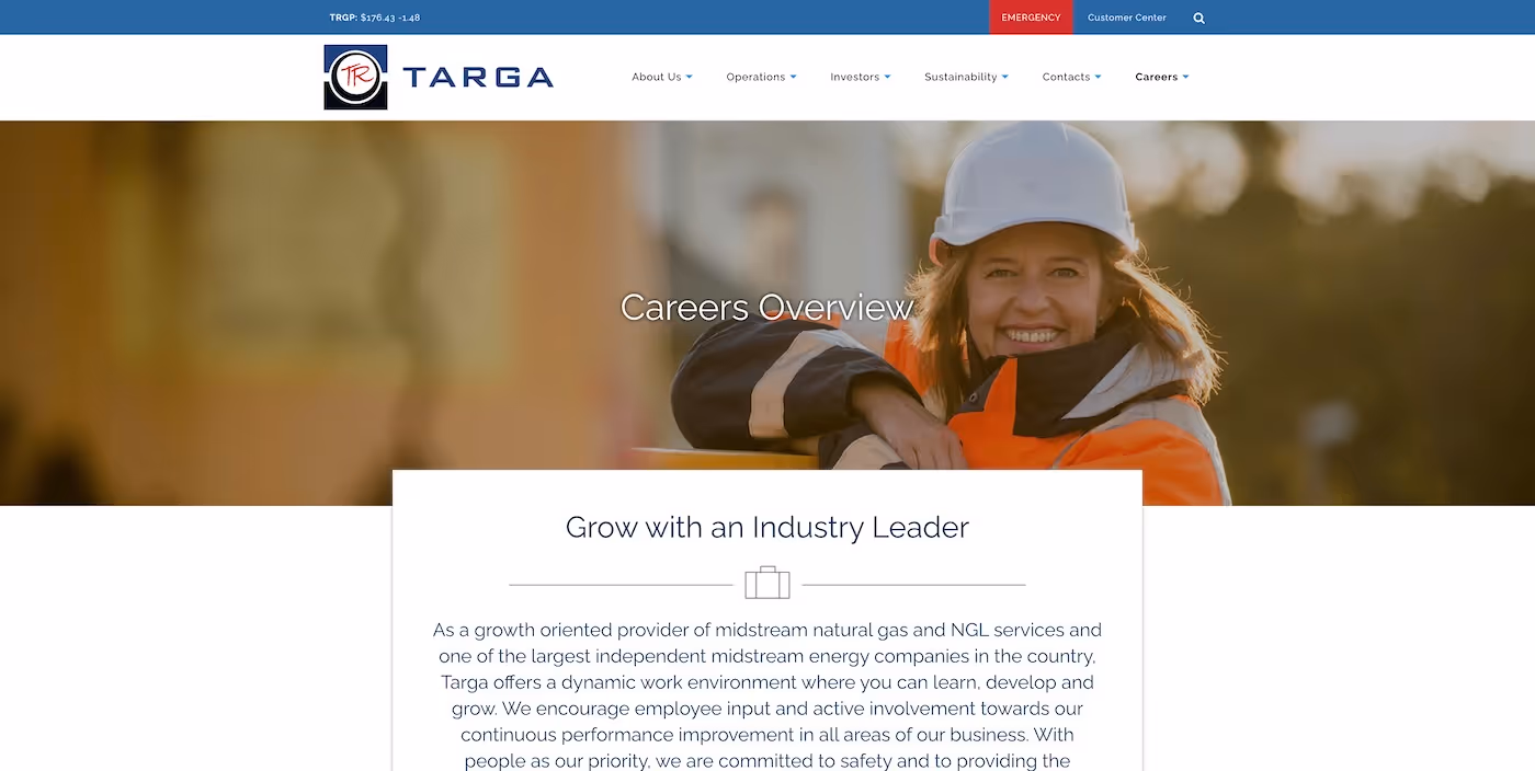 Screenshot of the official career page of Targa Resources