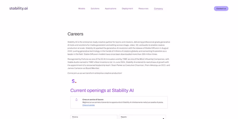 Screenshot of the official career page of Stability AI