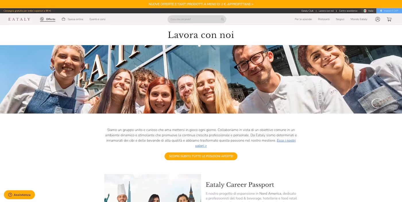 Screenshot of the official career page of Eataly 