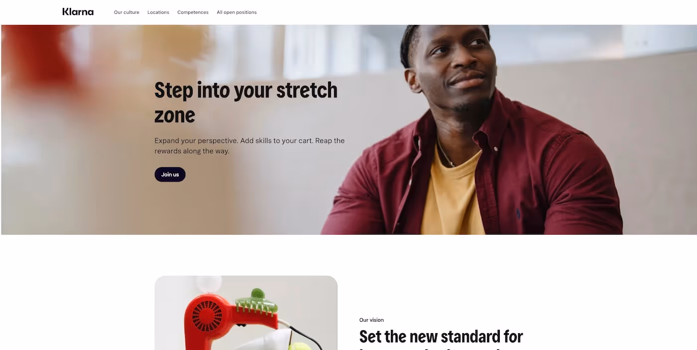 Screenshot of the official career page of Klarna
