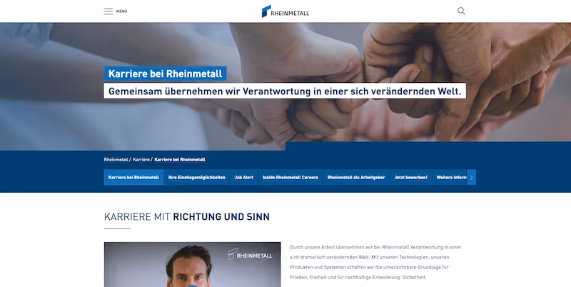 Screenshot of the official career page of Rheinmetall